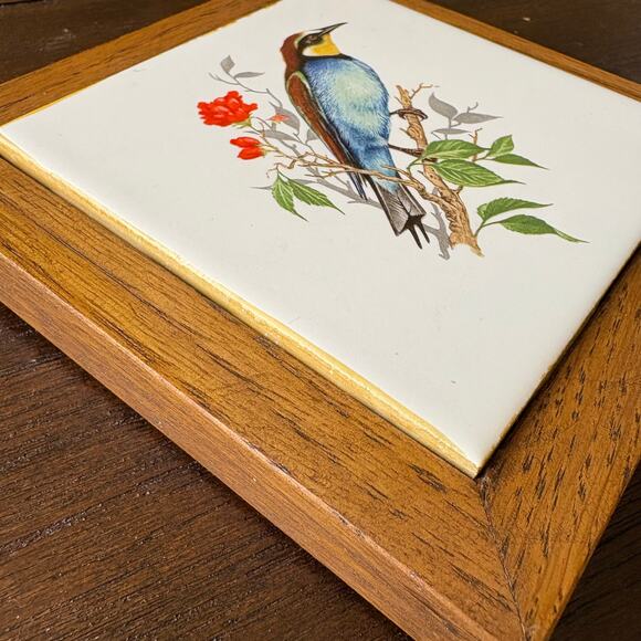 Vtg Ceramic Trivet Wall Hanging Tile Bird on Branch Wood Frame Square 5.5" - Picture 7 of 7